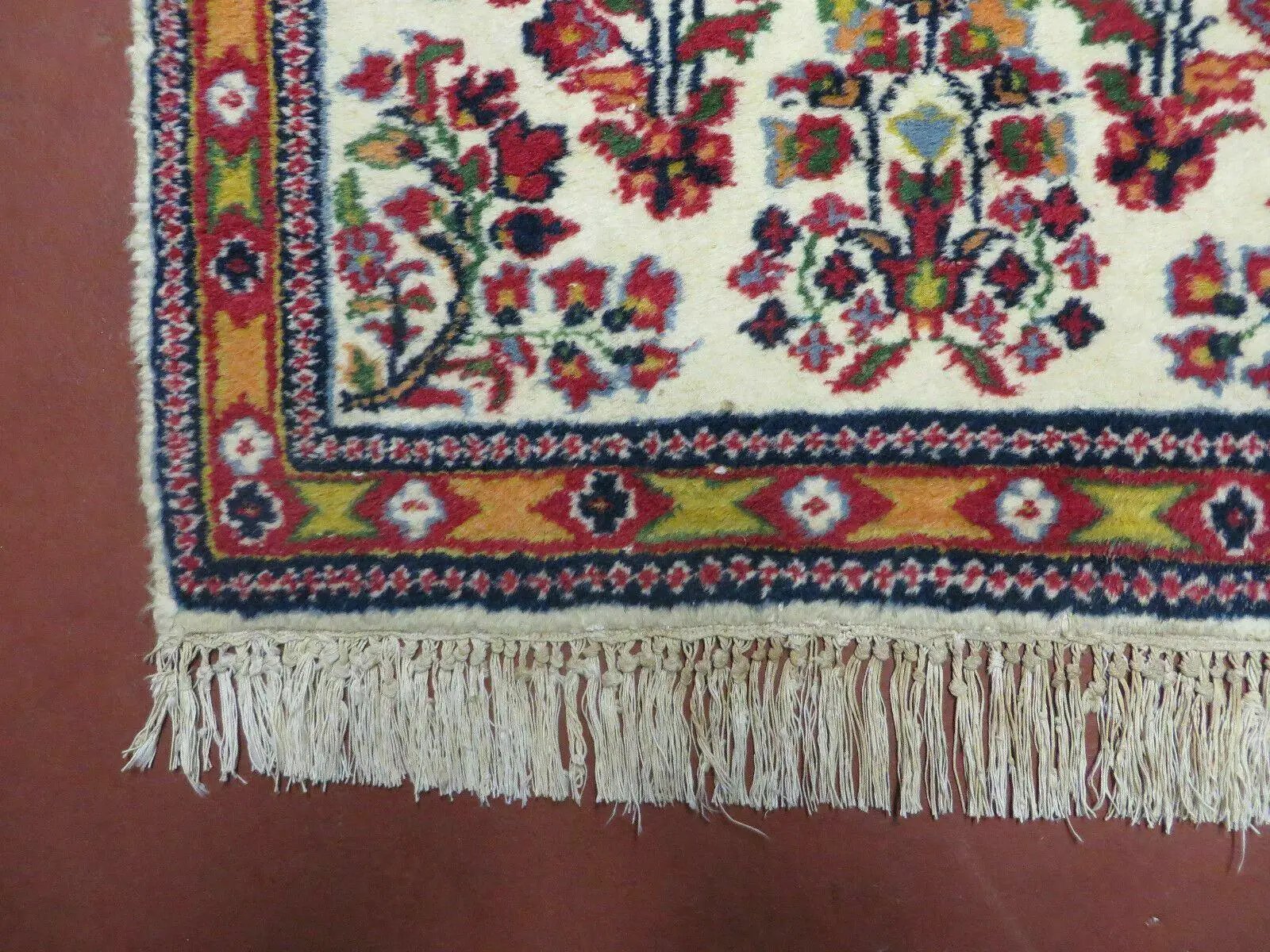 Small Persian Rug 2 x 3, Tiny Persian Sarouk Carpet, Cream Navy Blue Red, Floral Medallion, Vintage Wool Rug, Handmade Hand-Knotted Oriental Rug by Jewel Rugs