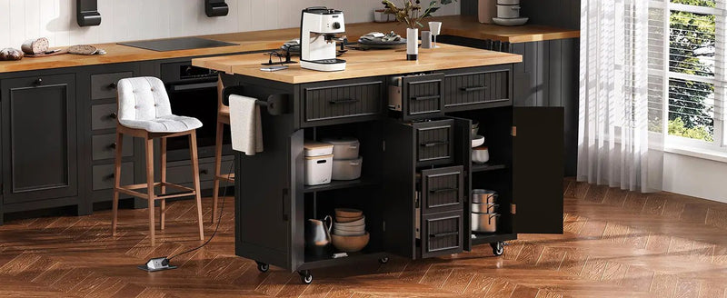 K&K 56.5'' Kitchen Island with Drop Leaf, Power Outlet by HouseOfZazla
