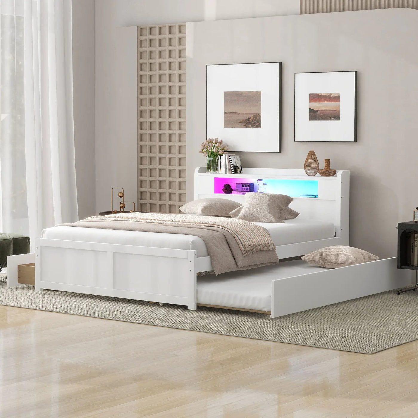 Storage Platform Bed With LED Lights, 2 Drawers And Trundle by Unique Piece Furniture