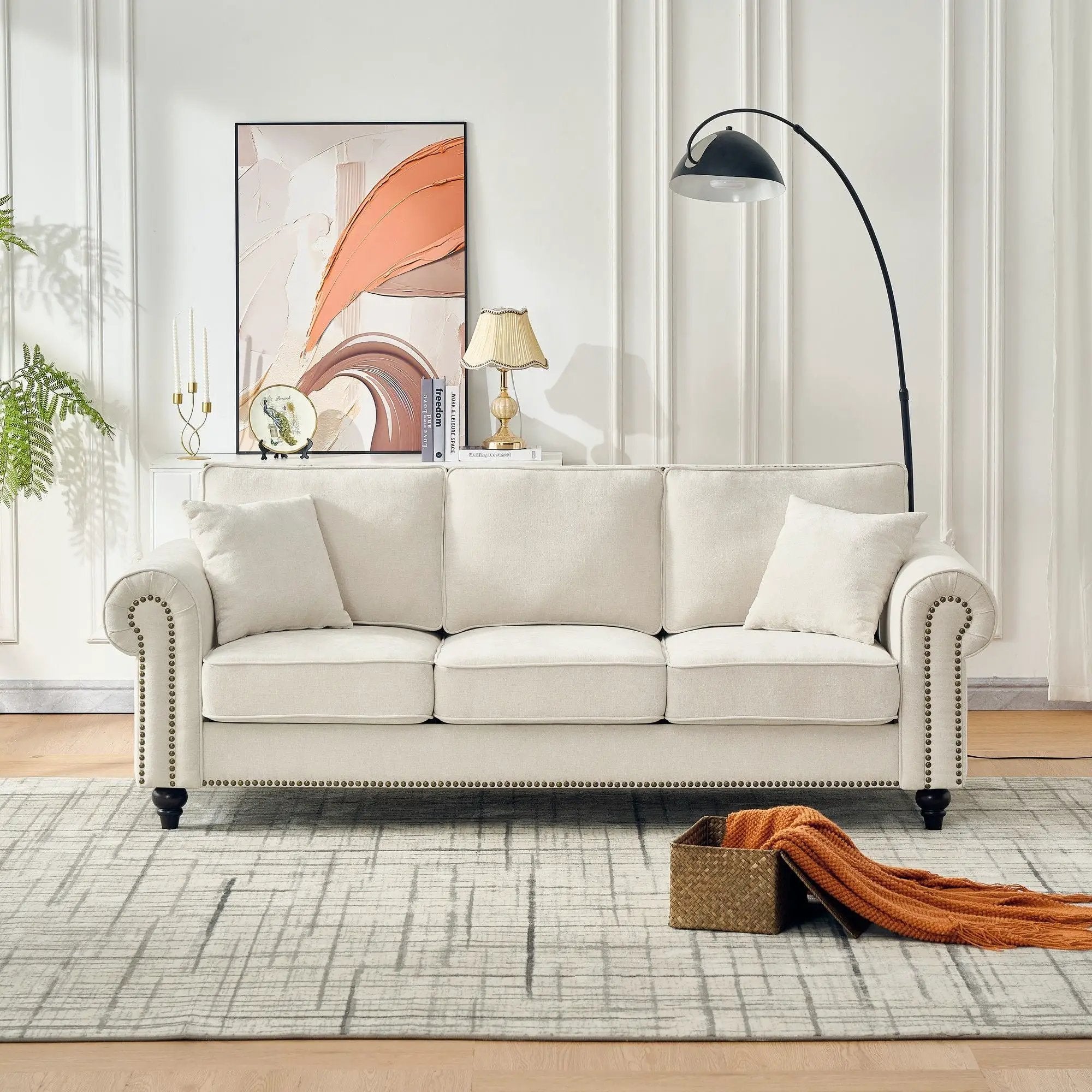 3 Seater Sofa With Tufted Upholstery, Rolled Arms, Nailhead Trim by HouseOfZazla