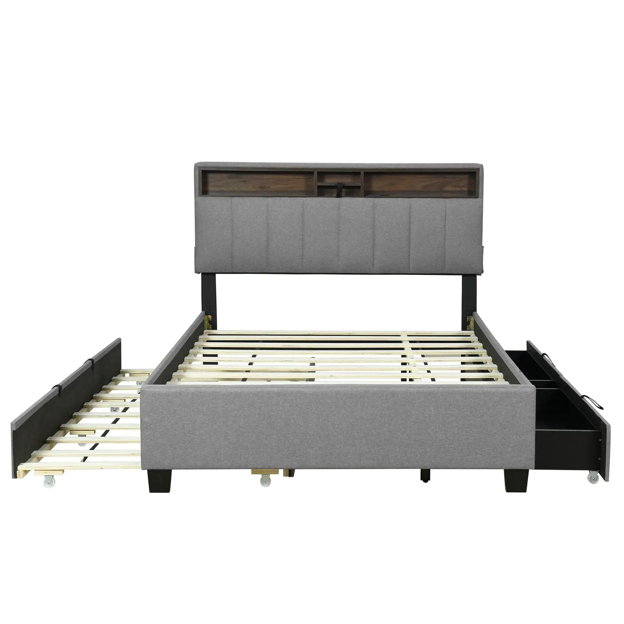 Upholstered Platform Bed With Storage Headboard, Trundle & 2 Drawers And A Set Of Sockets & USB Ports by HouseOfZazla