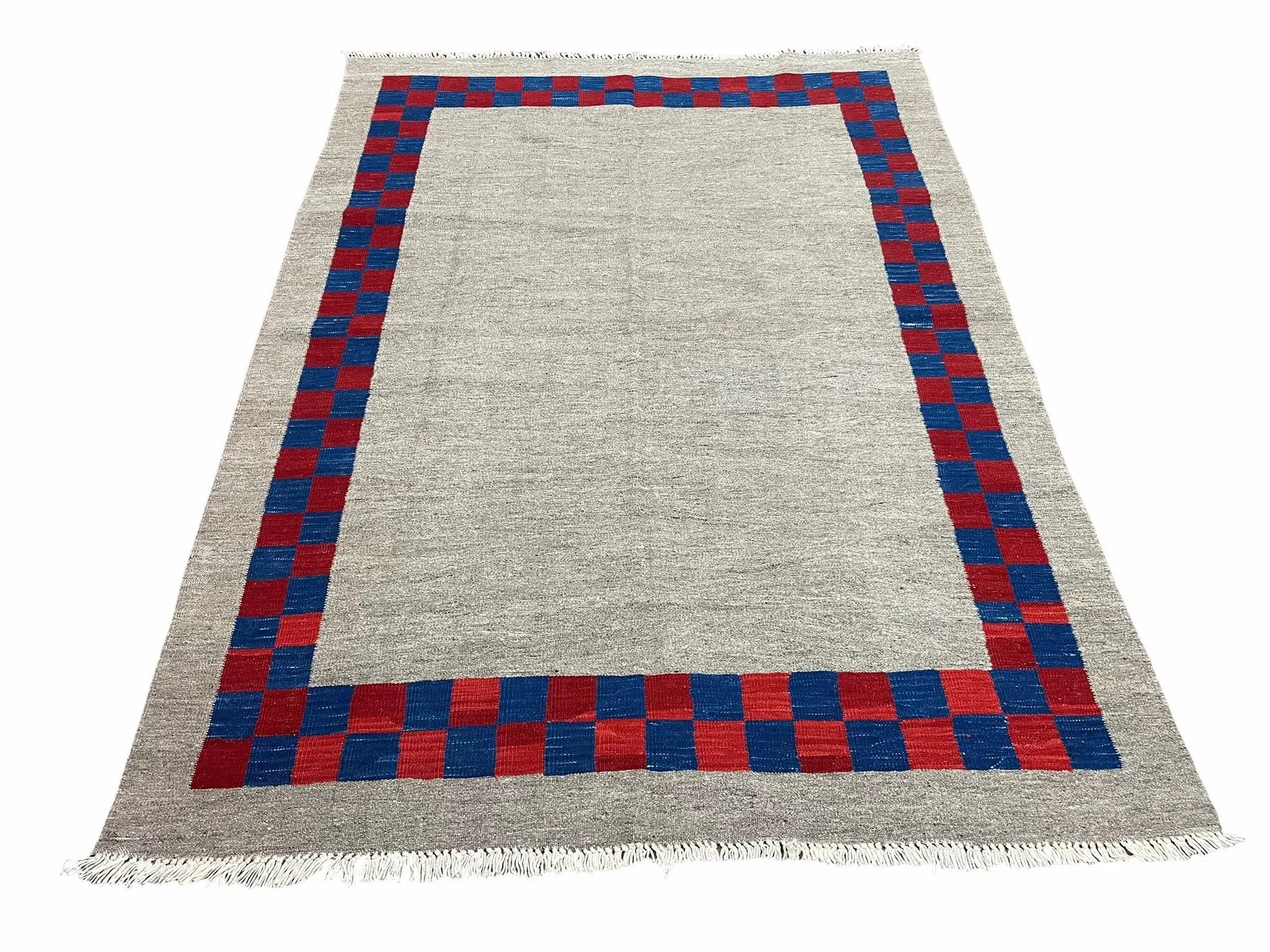 5' 7" x 7' 9" Geometric Kilim Carpet, Gray, Handmade, Hand-Knotted Area Rug, Blue & Red, Flatweave, Wool, New, Checkerboard Pattern by Jewel Rugs