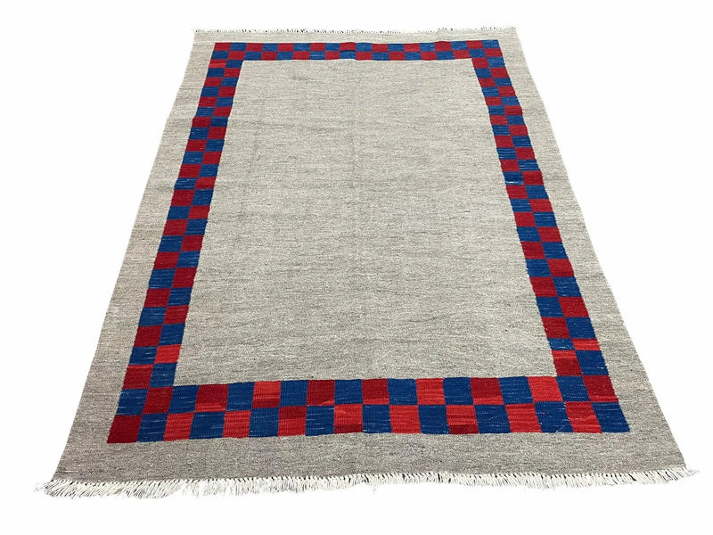 5' 7" x 7' 9" Geometric Kilim Carpet, Gray, Handmade, Hand-Knotted Area Rug, Blue & Red, Flatweave, Wool, New, Checkerboard Pattern by Jewel Rugs
