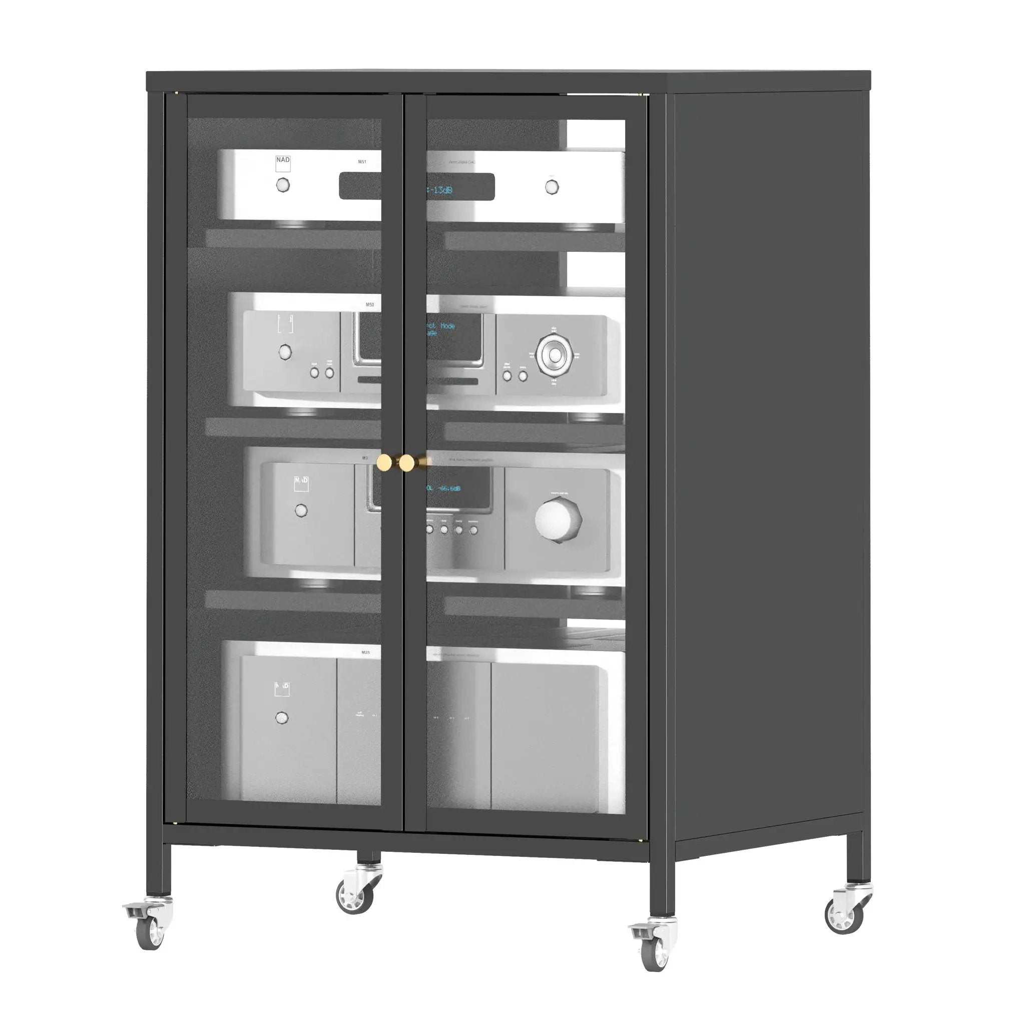 Media Storage Cabinet With Wheels, 4 Adjustable Glass Shelves & Door, Heavy-Duty - Black by HouseOfZazla