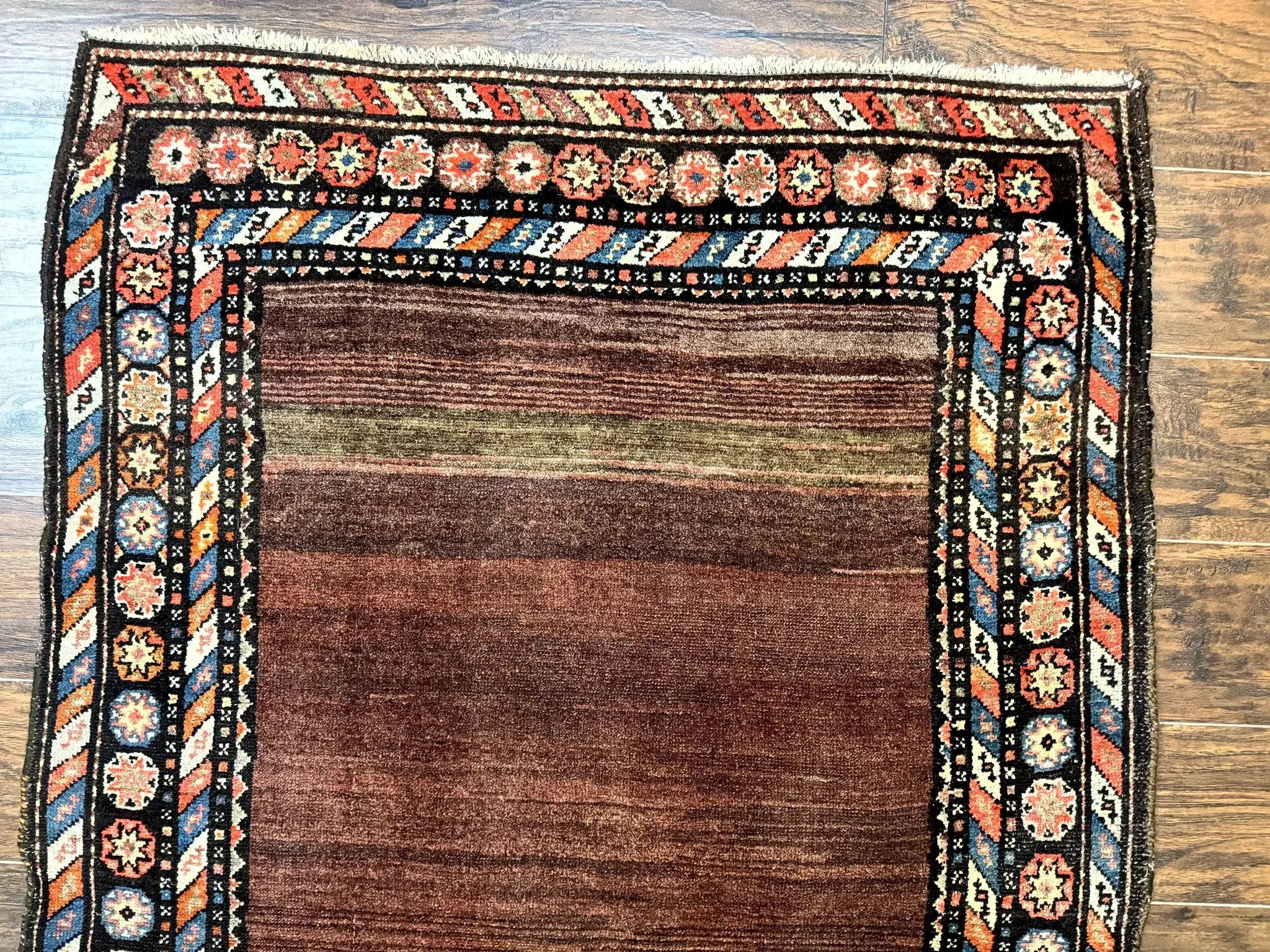 Antique Persian Rug 4x7, Sarab Tribal Wool Carpet, Brown and Multicolor, Handmade Wide Runner Rug 4 x 7, Open Field, Rainbow Border by Jewel Rugs