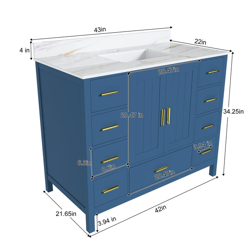 42" Modern Solid Wood Bathroom Vanity with Sink, 43" Carrara by HouseOfZazla