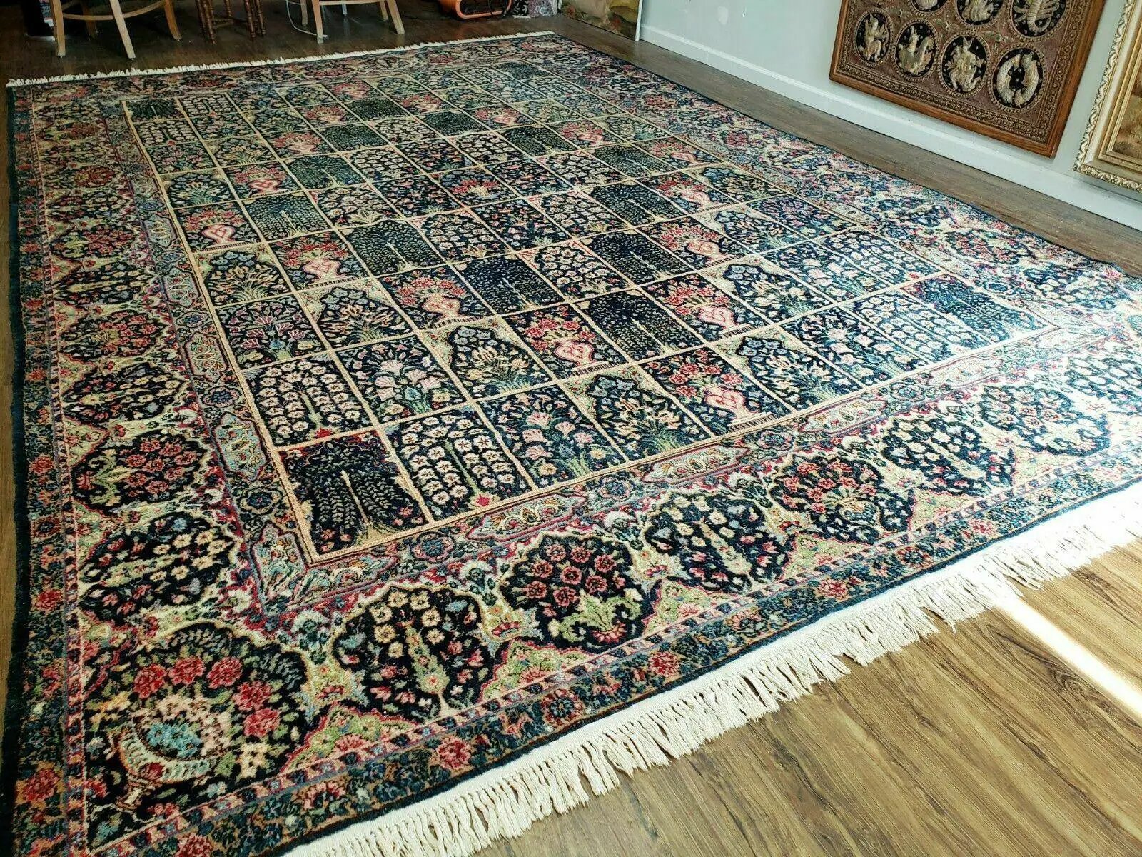 Persian Rug 10x15, Authentic Oriental Carpet 10 x 15, Wool Area Rug Panel Design Hand-Knotted Vintage Kirman Yazd Rug, Dark Blue and Beige, Floral by Jewel Rugs