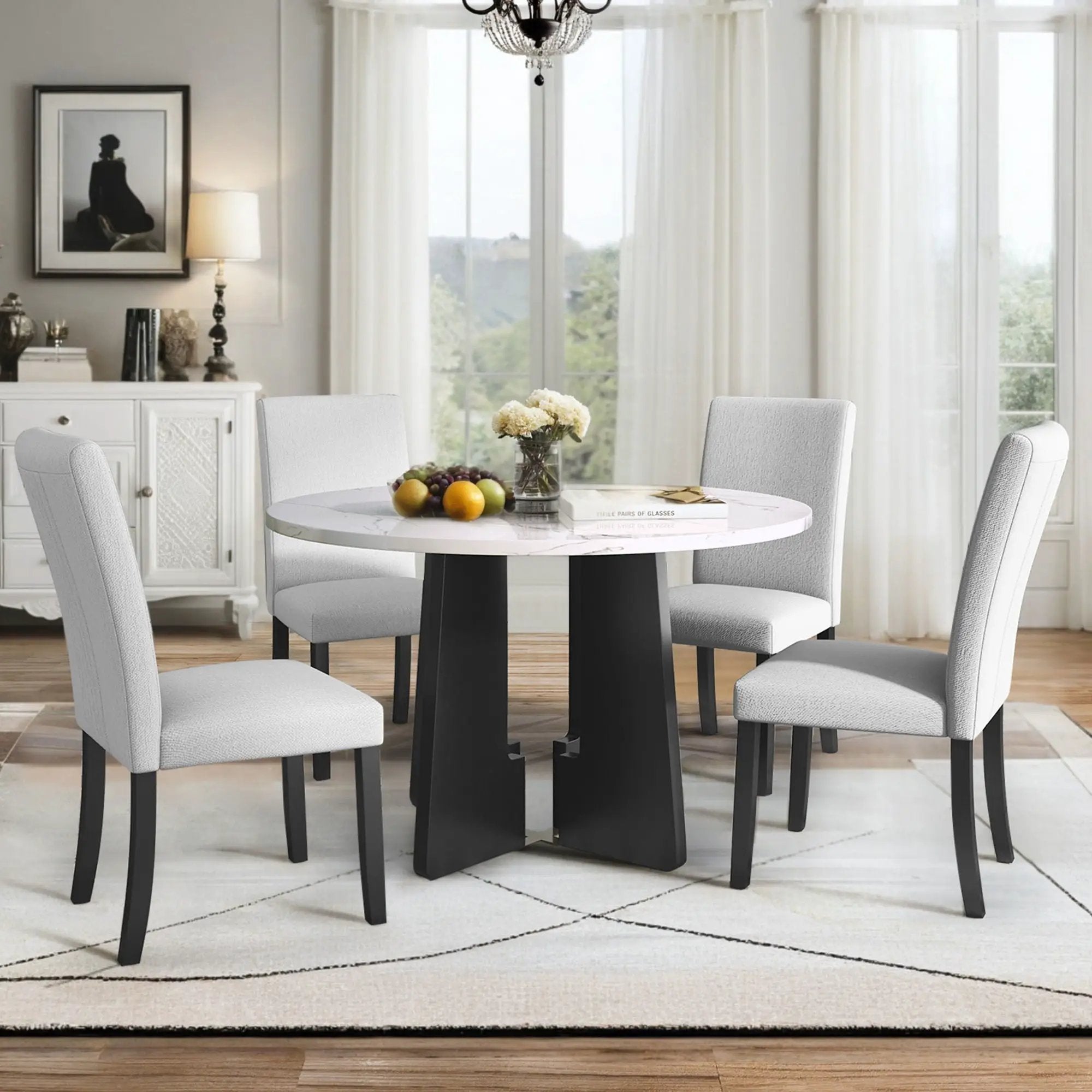 5 Piece Round Dining Table Set, Modern Dining Table And 4 Upholstered Chairs For Dining Room by Unique Piece Furniture