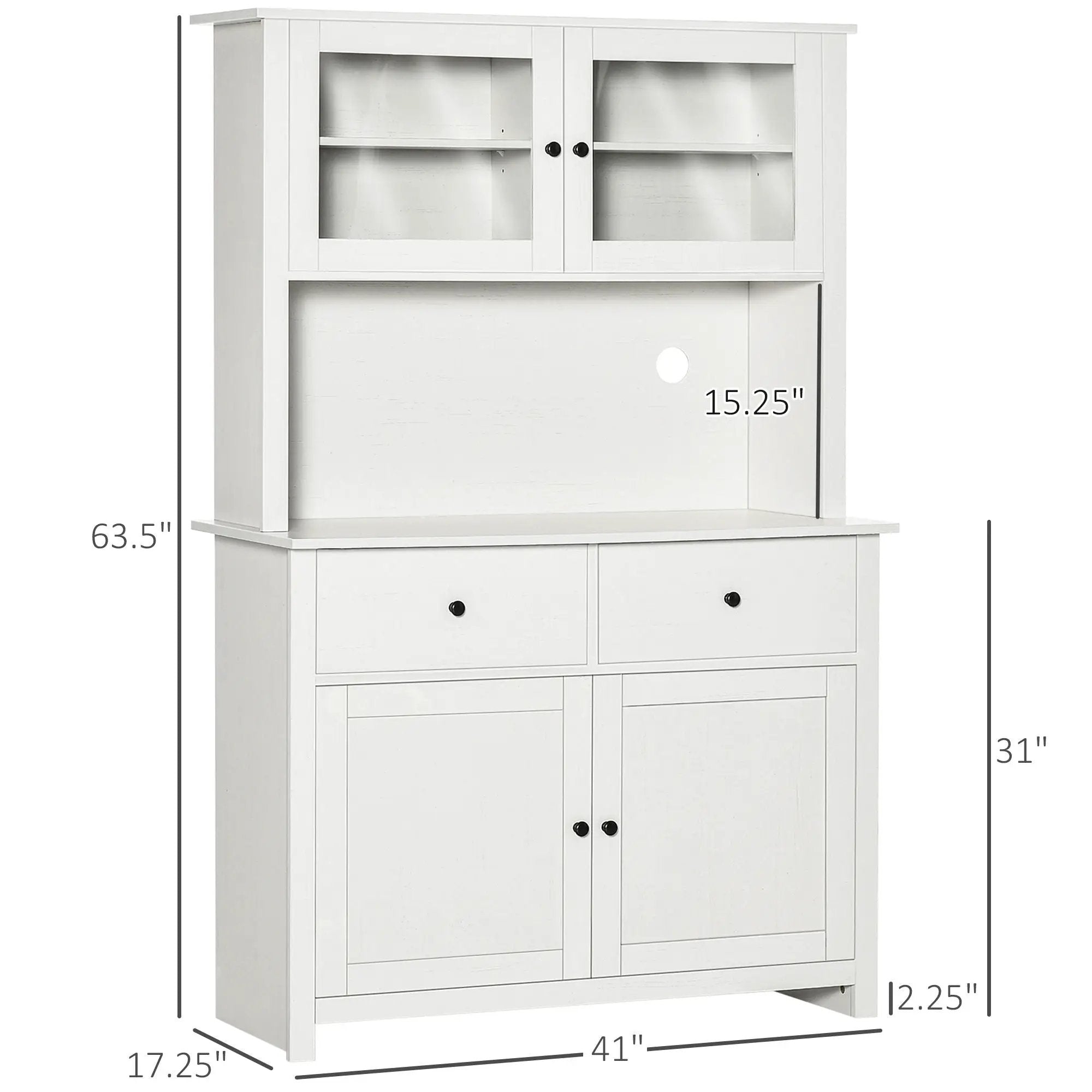 Homcom - 63.5" Kitchen Buffet With Hutch, Pantry Storage Cabinet With 4 Shelves, Drawers, Framed Glass Doors, Open Microwave Countertop - Antique White by HouseOfZazla