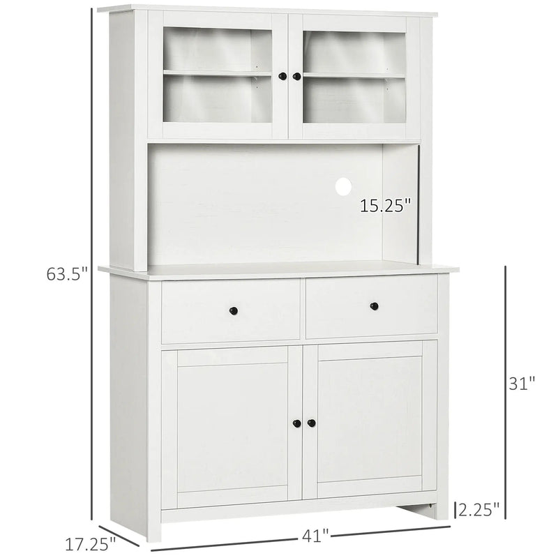 Homcom - 63.5" Kitchen Buffet With Hutch, Pantry Storage Cabinet With 4 Shelves, Drawers, Framed Glass Doors, Open Microwave Countertop - Antique White by HouseOfZazla