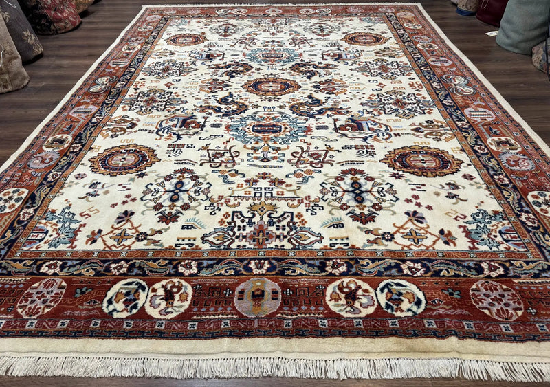 Indo Chinese Wool Rug 9x12, Ivory and Rust Red, Dragon Motifs by Jewel Rugs