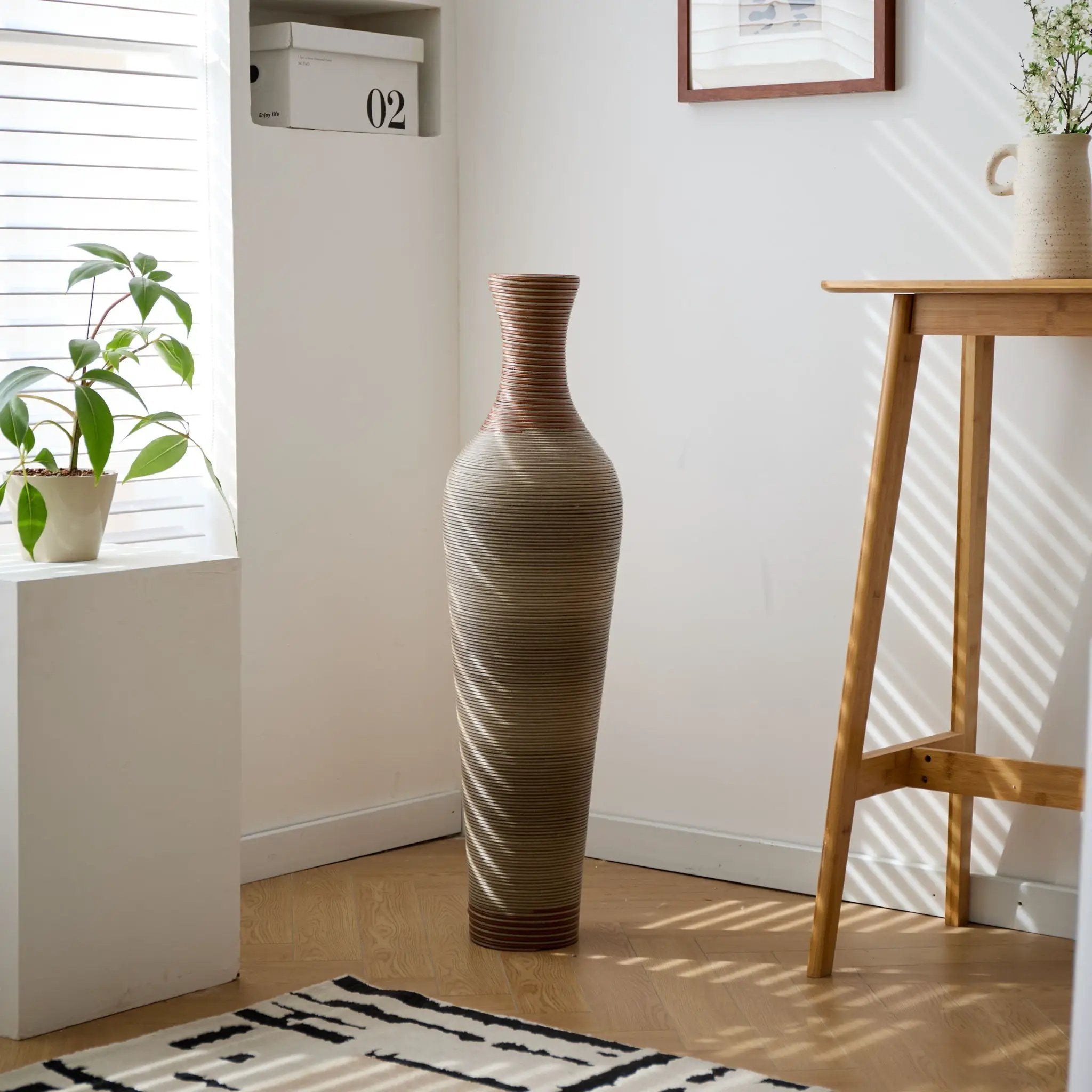 Tall Vase - Brown Decorative Floor Vase, Classic Neat Floor Vase Tall Freestanding Flower Holder, Artificial Rattan Vase, Floor Vase, Flower Holder For Home Decor - Gray by HouseOfZazla