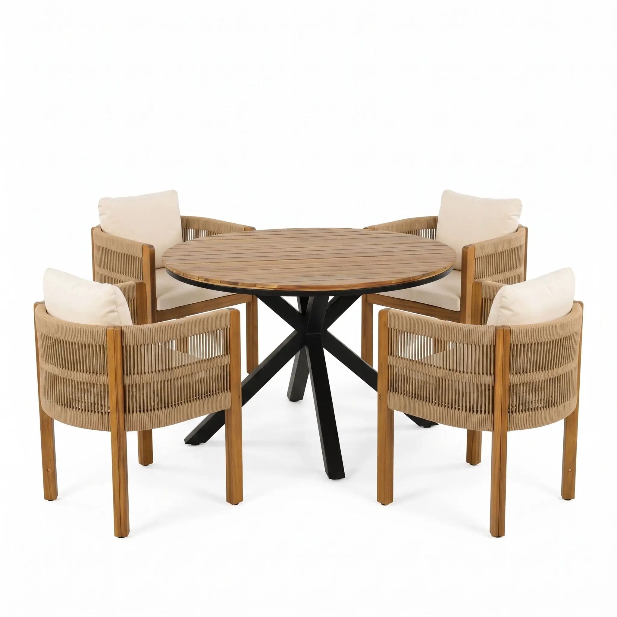 5 Piece Outdoor Dining Set With Round Table And 4 Wrapped Chairs - Black / Brown / Teak by HouseOfZazla