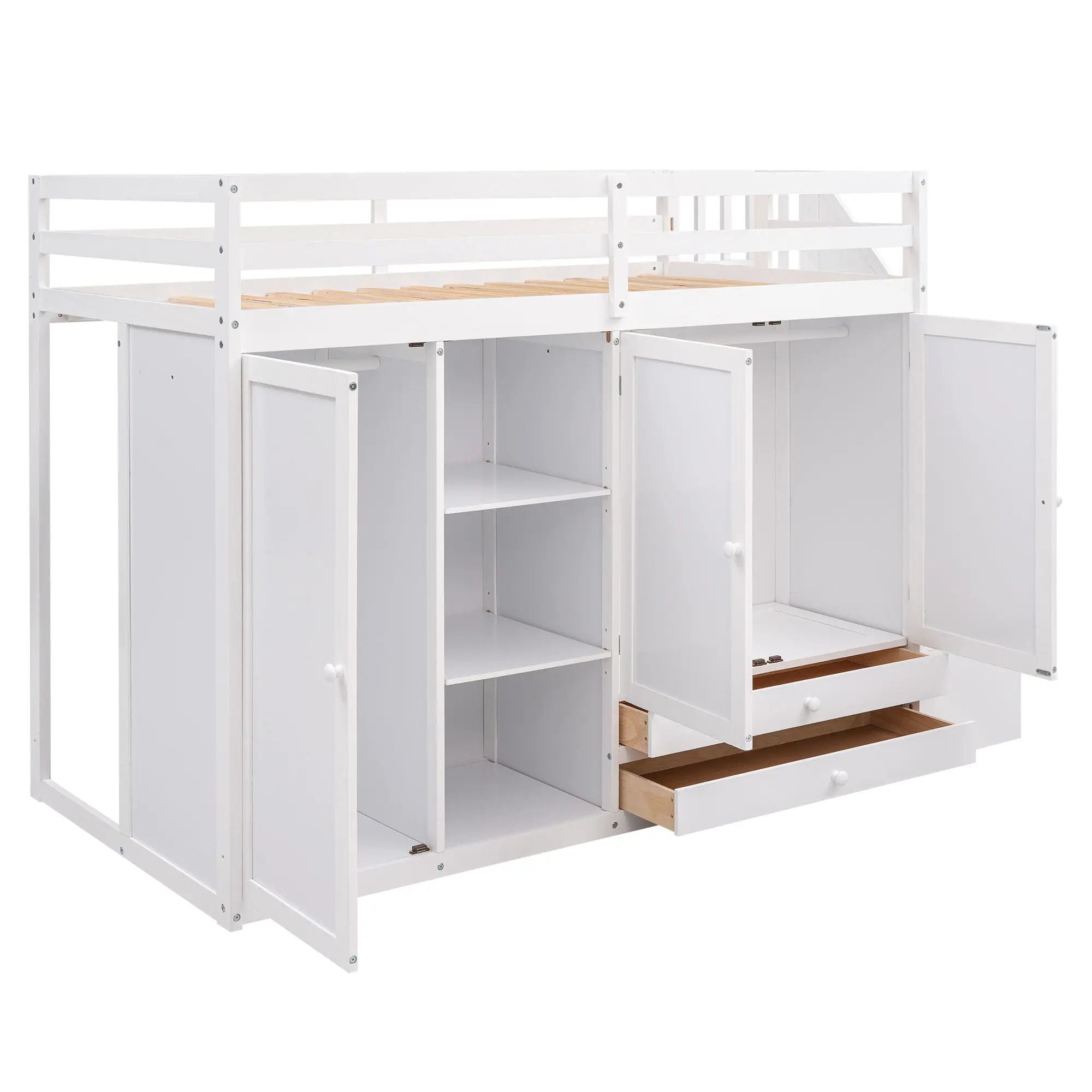 Loft Bed With 3 Shelves, 2 Wardrobes, 2 Drawers, Ladder Storage