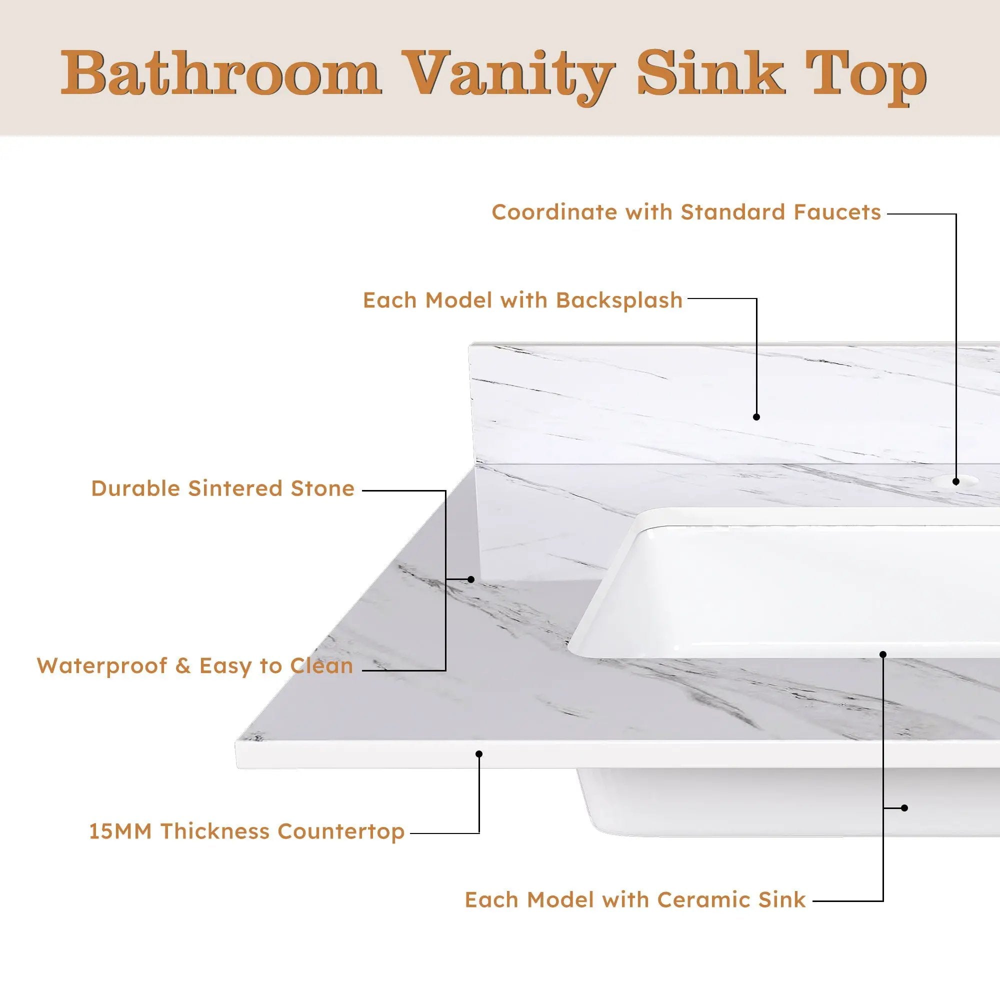Bianco Carrara Venato Elegant Marble Vanity Top, Bathroom Vanity With Undermount Sink, Sintered Stone by HouseOfZazla