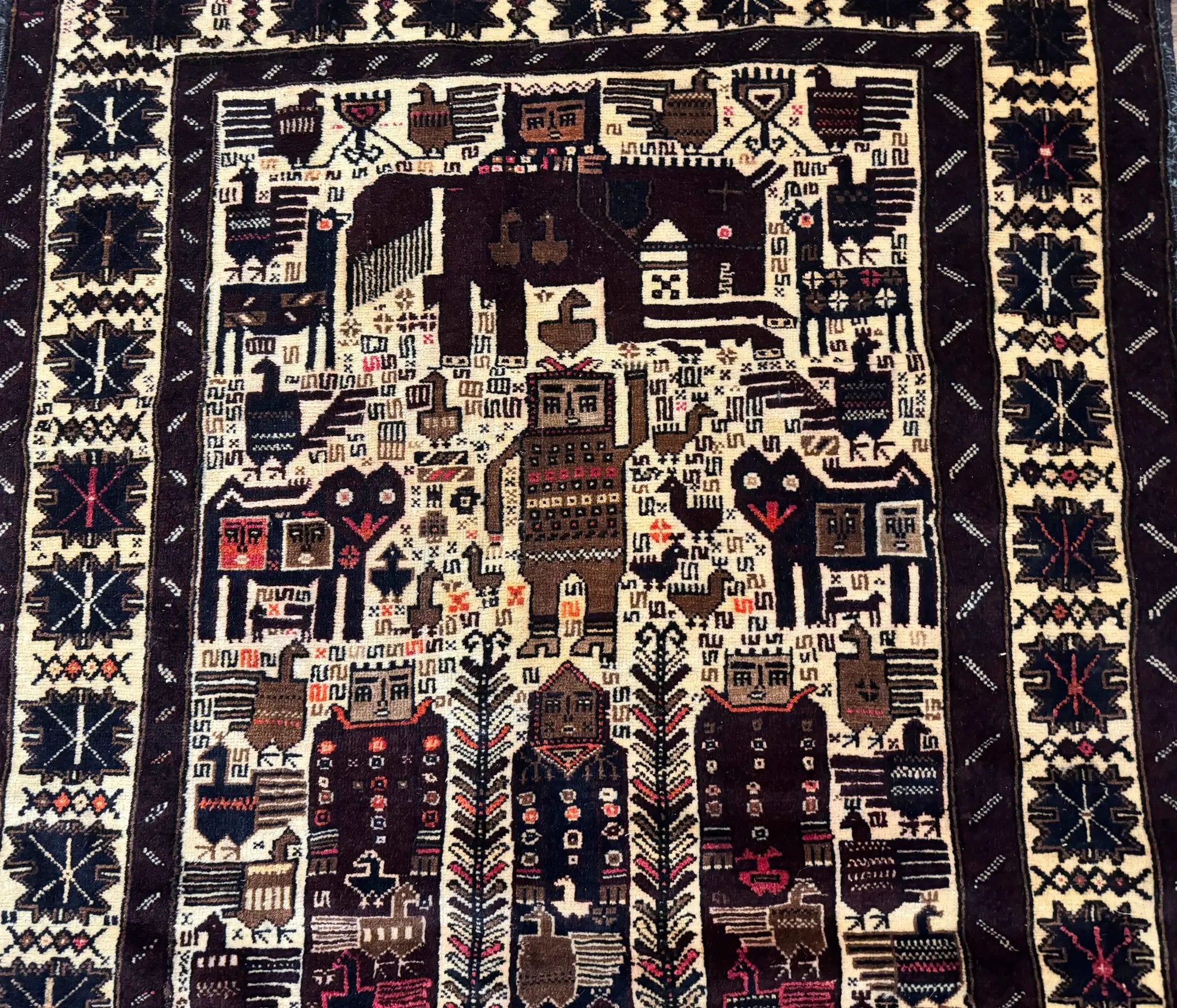 Persian Baluch Tribal Rug 4x6, Human and Bird Pictorials, Vintage, Wool, Collectible by Jewel Rugs