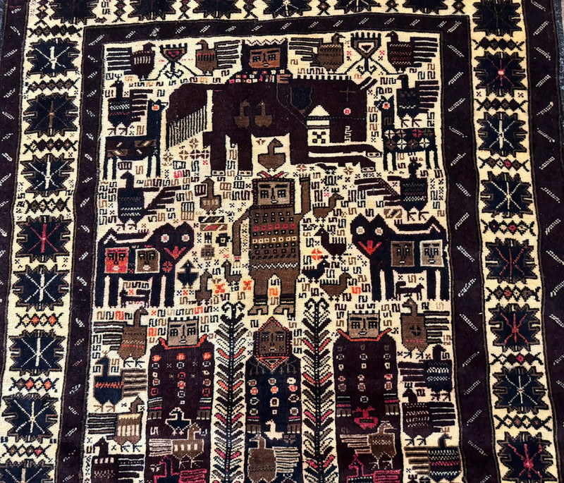 Persian Baluch Tribal Rug 4x6, Human and Bird Pictorials, Vintage, Wool, Collectible by Jewel Rugs
