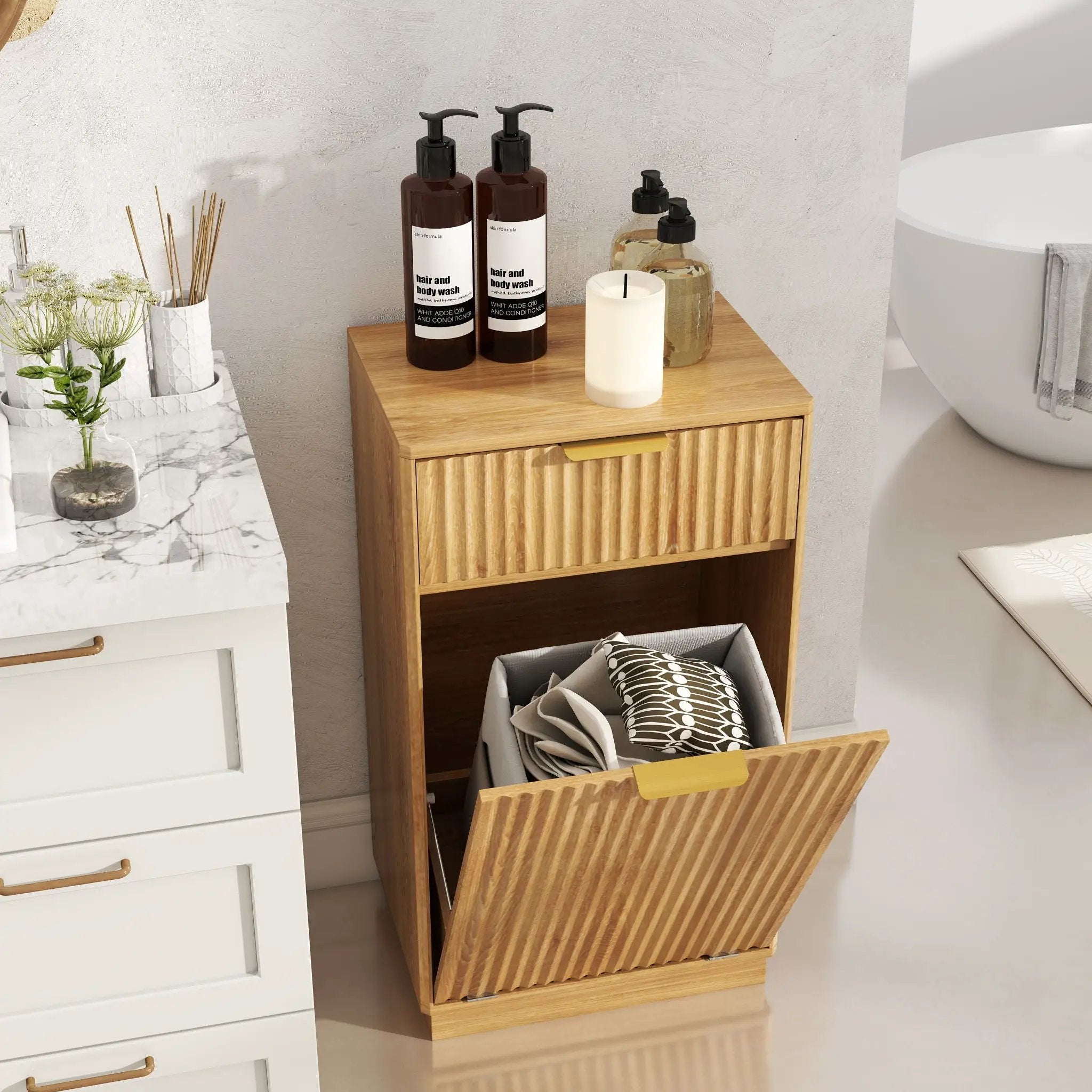 Tilt Out Trash Can Cabinet With Wave Textured Drawer & Pull Out Bin by Unique Piece Furniture