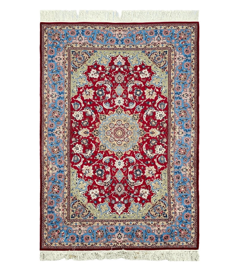 Semi Antique Persian Isfahan Rug, Kork Wool on Silk Foundation, Red & Blue, Top Quality, 3'6" x 5' 6" by Jewel Rugs