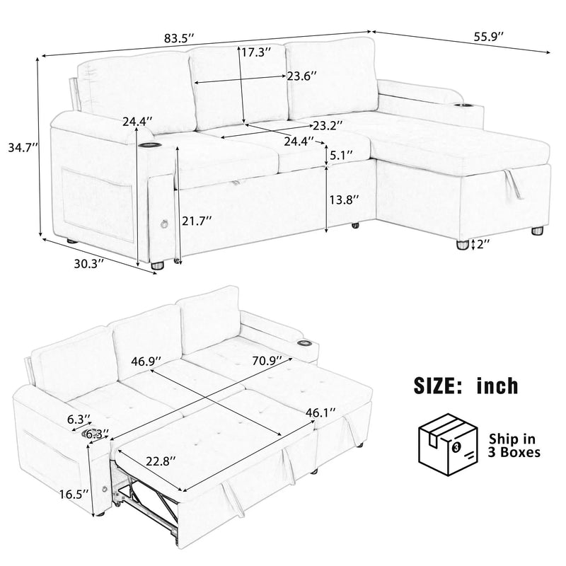 Convertible L Shaped Sofa Couch With Storage, Cup Holders, USB Ports by Unique Piece Furniture