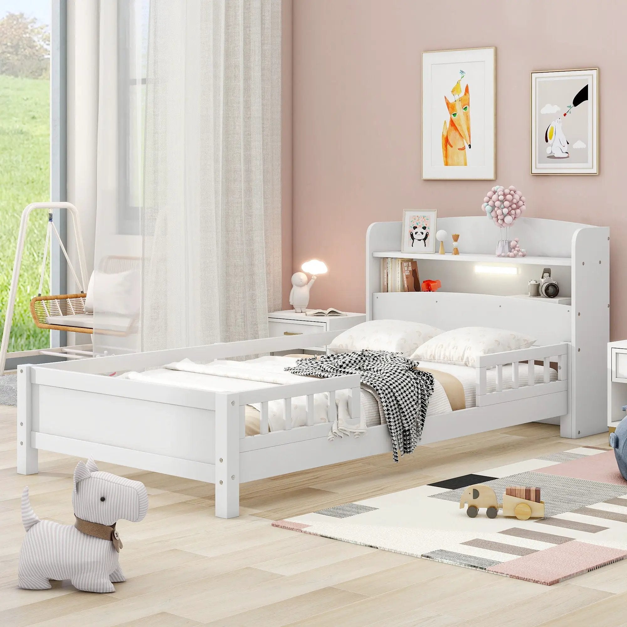 Wood Platform Bed With Built In LED Light, Storage Headboard And Guardrail by Unique Piece Furniture
