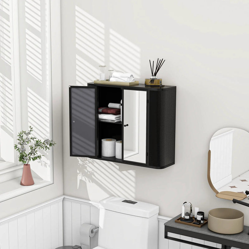 Black Wall-Mounted Bathroom Cabinet with Mirror, 2 Mirrored Doors & Open Shelf, photo 2 of 10