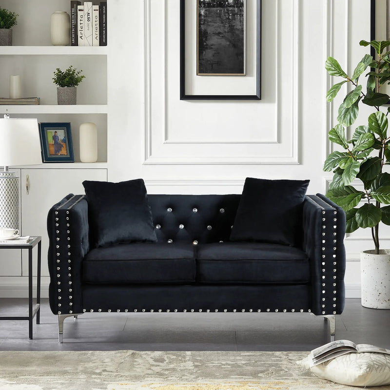Wide Sofa With Jeweled Buttons Square Arm, 2 Pillows by HouseOfZazla