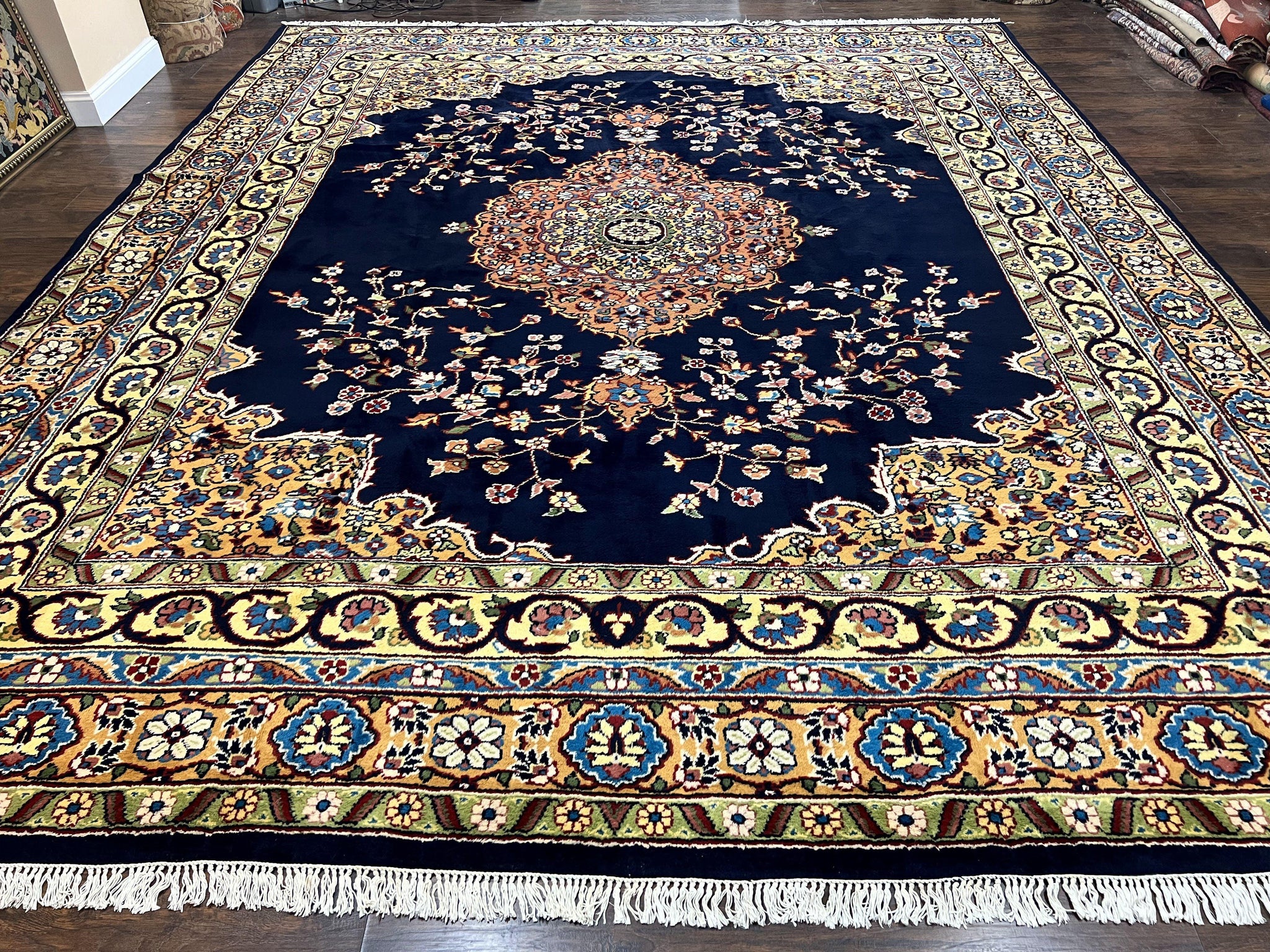 Indo Persian Rug 12x15, Mahal Sarouk Rug 12 x 15, Wool Hand Knotted Vintage Carpet, Navy Blue, Oversized Rug, Center Medallion by Jewel Rugs