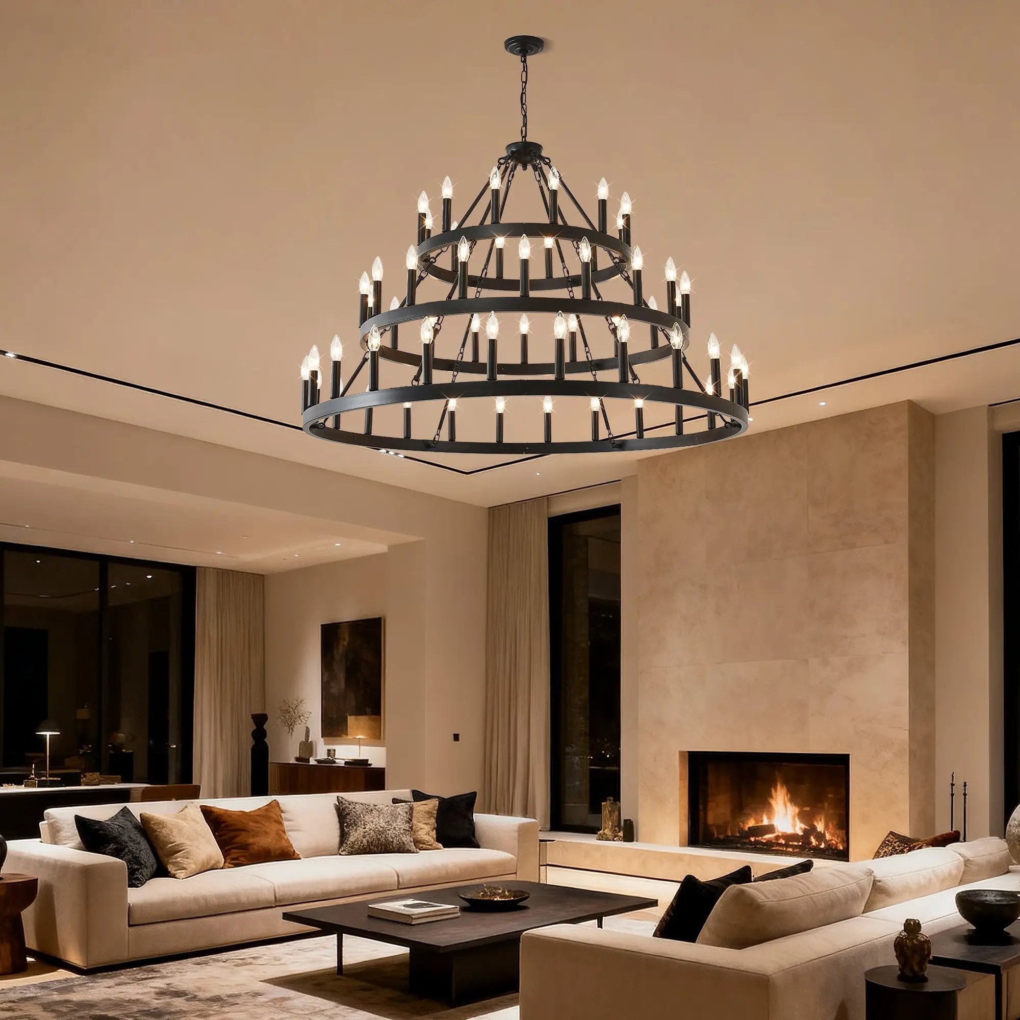 3 Tiers Wagon Wheel Chandelier - 54-Light Matte Black Metal by HouseOfZazla