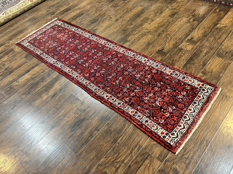 Persian Tribal Runner 3 x 9, Hamadan Dargazin Rug, Dark Blue and Red Wool Hand Knotted Hallway Rug, Vintage Antique Oriental Runner, 9ft Long Runner, Herati by Jewel Rugs