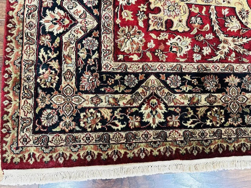 Indo Persian Rug 8x10, Red Vintage Wool Traditional Carpet, Floral, Handmade by Jewel Rugs