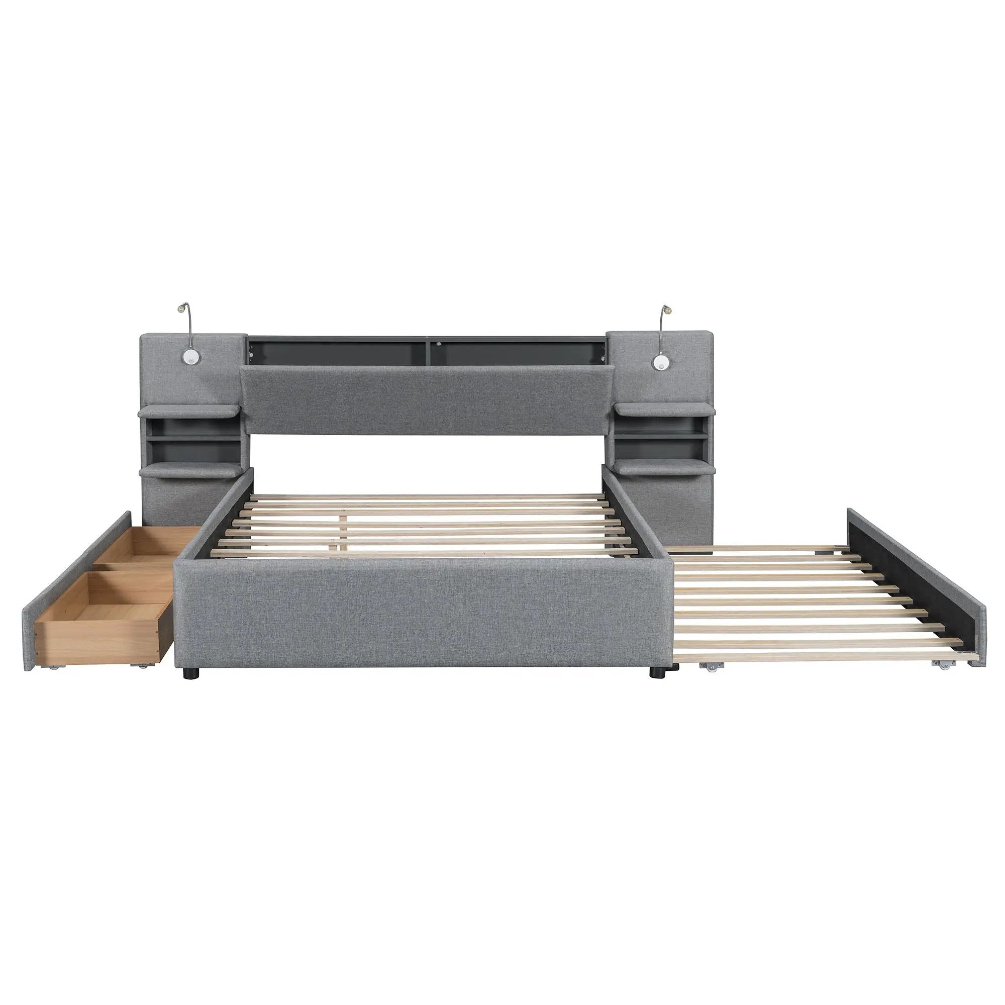 Upholstered Platform Bed With Reading Lights, Drawers, Trundle And Shelves by HouseOfZazla