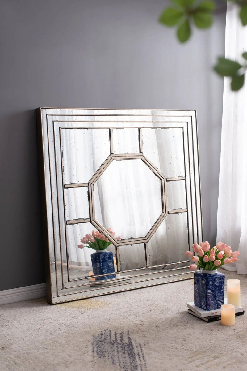 Antique Style Decorative Square Wall Mirror With Mirrored Frame, Wall Decor For Living Room Entryway, Console Lean Against Wall - Silver by Unique Piece Furniture