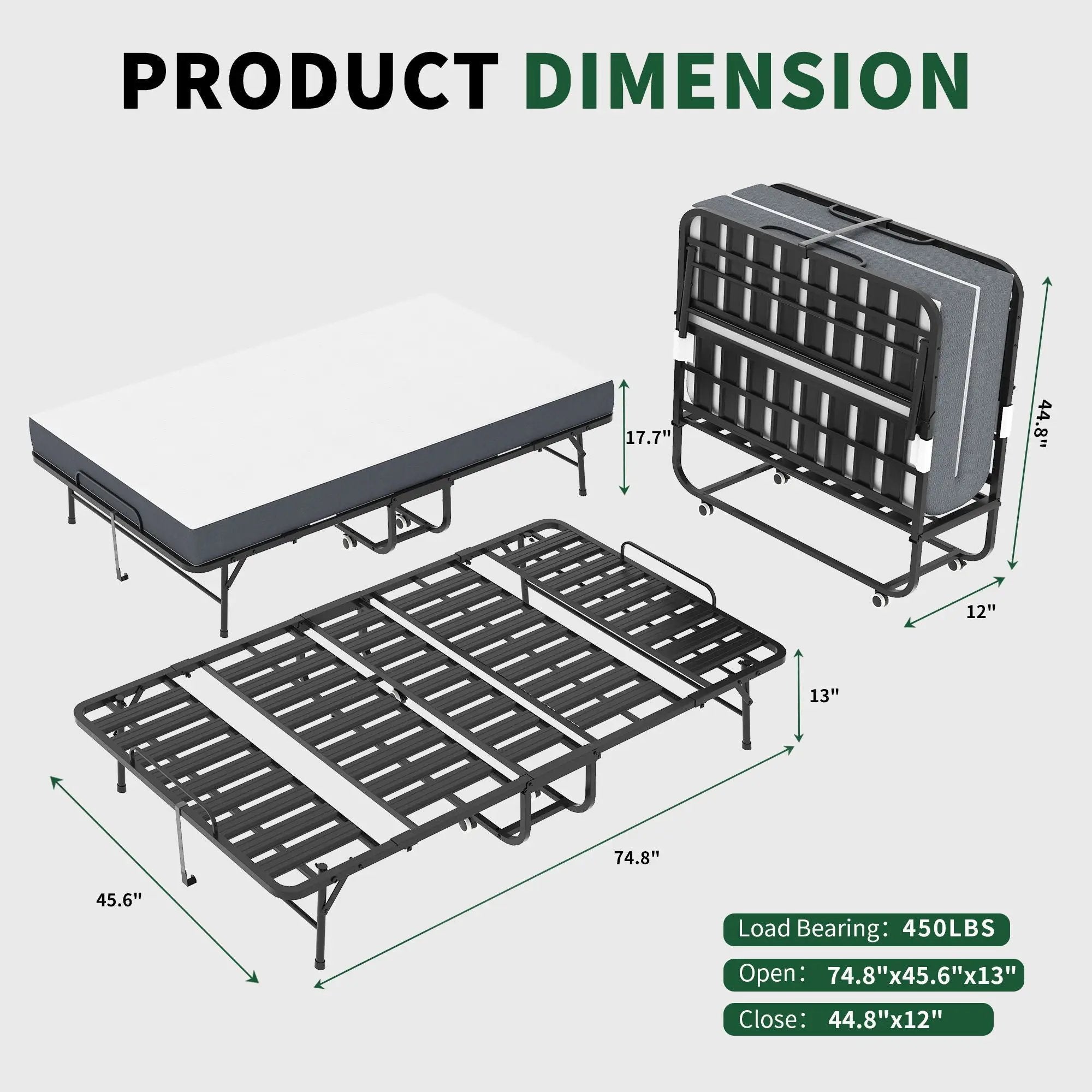Twin Wide Folding Bed For Tall People, Extra Long & Wide Rollaway With Memory Foam, Heavy-Duty - Black by Unique Piece Furniture