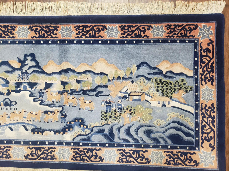 Vintage Chinese Pictorial Rug 2'4" x 4' 7", Chinese Village, Wool Hand-Knotted Blue & Teal Fine Carpet, Tapestry Rug, Woven Wall Art by Jewel Rugs