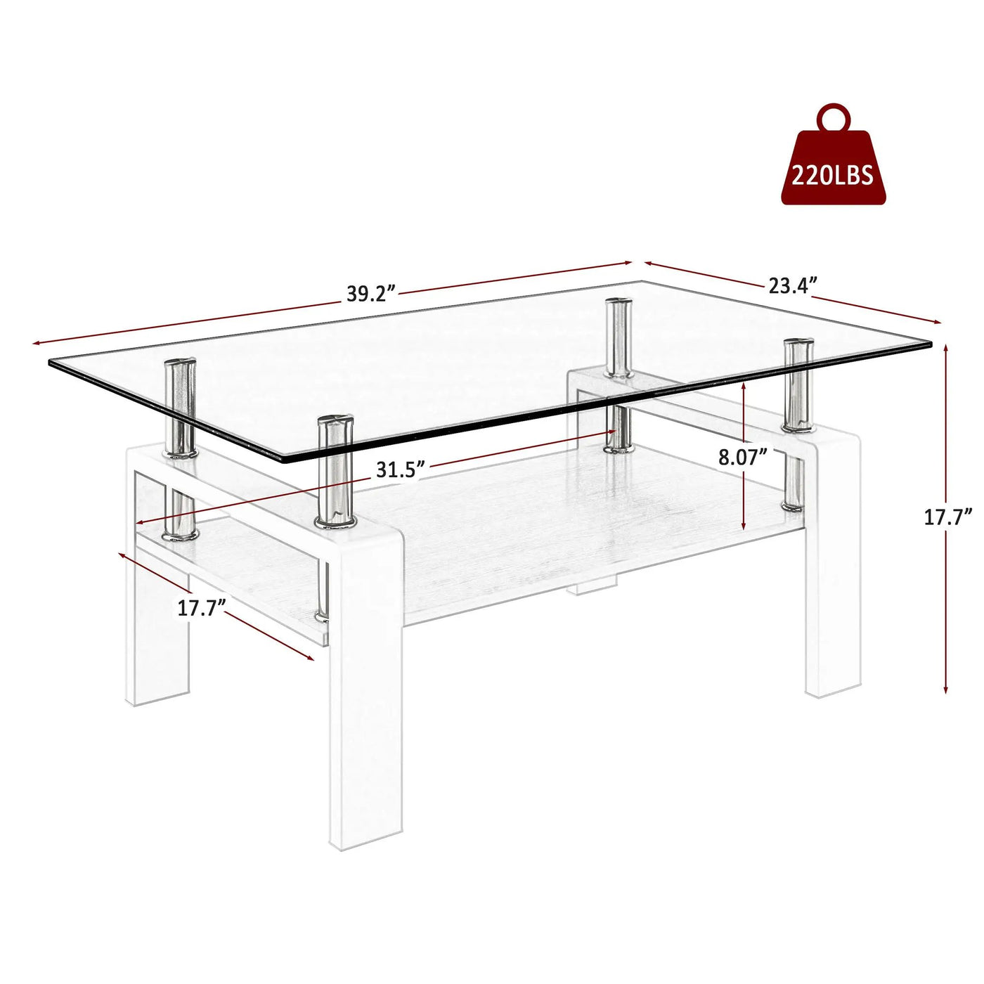 Modern Rectangular Coffee Table With Tempered Transparent Glass Top And Storage Shelf by HouseOfZazla