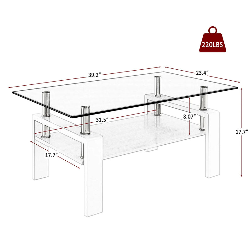 Modern Rectangular Coffee Table With Tempered Transparent Glass Top And Storage Shelf by Unique Piece Furniture