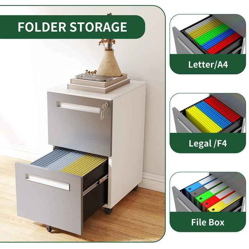 2-Drawer Mobile File Cabinet With Lock,On 360° Wheels, Holds A4/Letter/Legal Files - White by HouseOfZazla