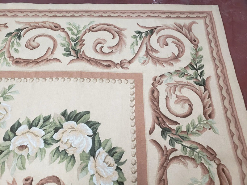 Elegant Aubusson Rug 10 x 14, Cream and Ivory Simple Aubusson Floral Carpet, Hand-Woven, European, New Aubusson Rug, Wool Area Rug, Violins by Jewel Rugs