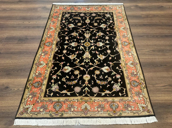 Persian Tabriz Rug 3x5 Black and Salmon Floral Fine Handmade 360 KPSI, photo 2 of 13
