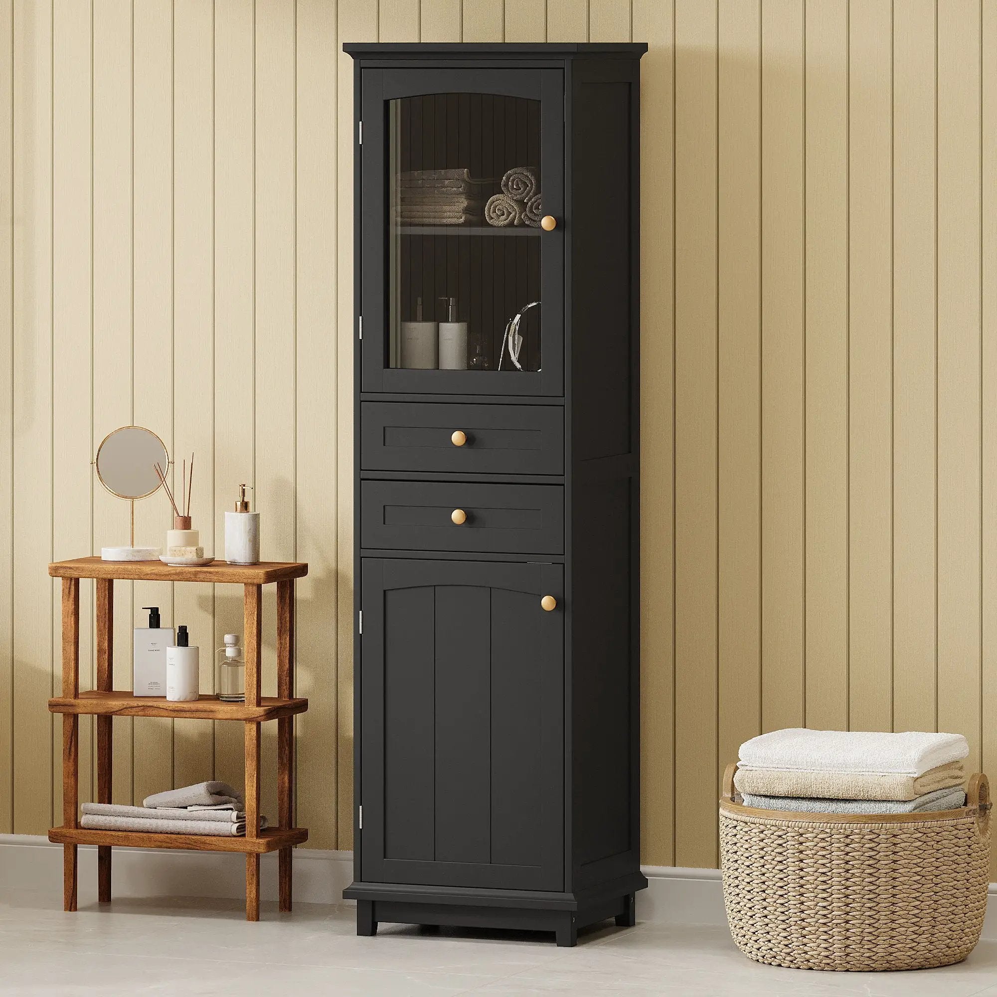 Tall Bathroom Storage Cabinet With Glass Doors, Free-Standing, Two Drawers, And Adjustable Shelves, Board, Painted Perfect For Displaying Your Favorite Items by Unique Piece Furniture