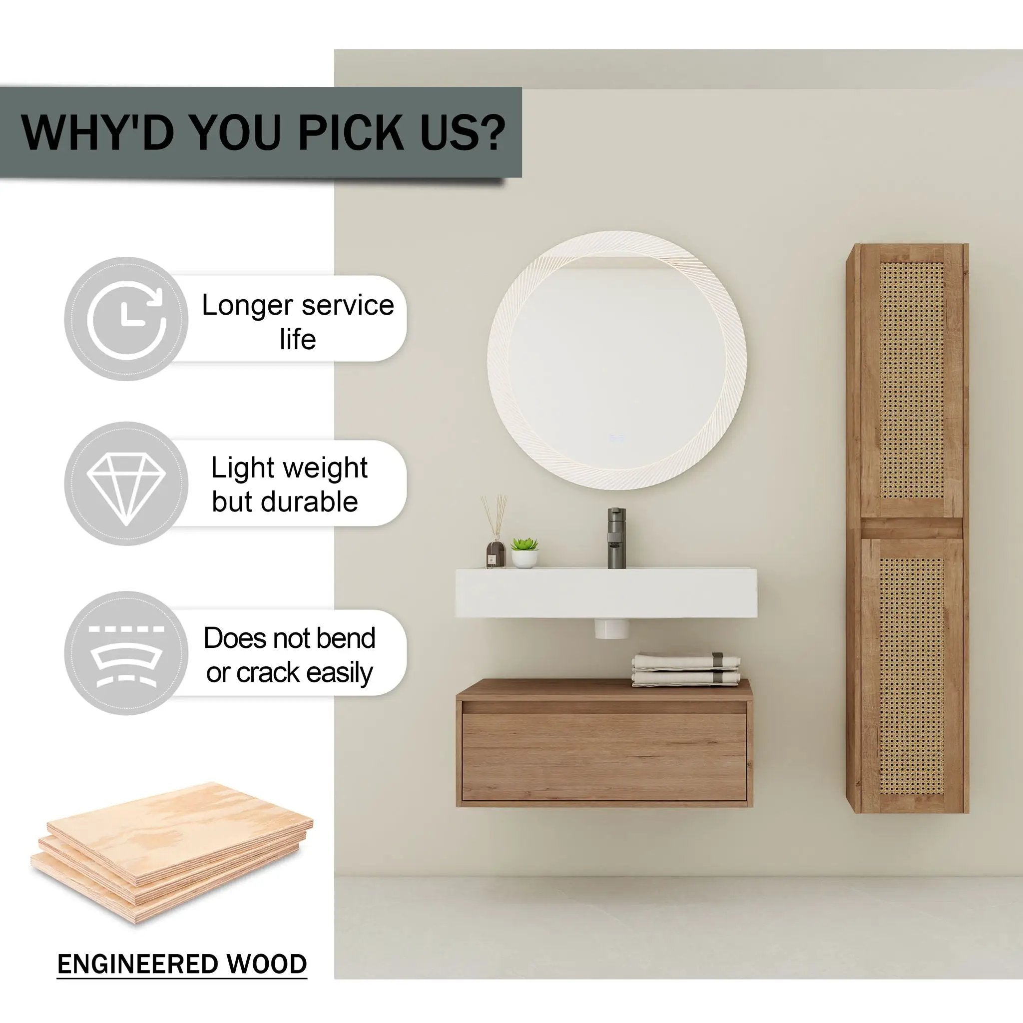 Modern Imitative Wall Mounted Bathroom Vanity With Resin Sink & 2 Side Cabinet, Soft Close Drawer - Imitative Oak by Unique Piece Furniture