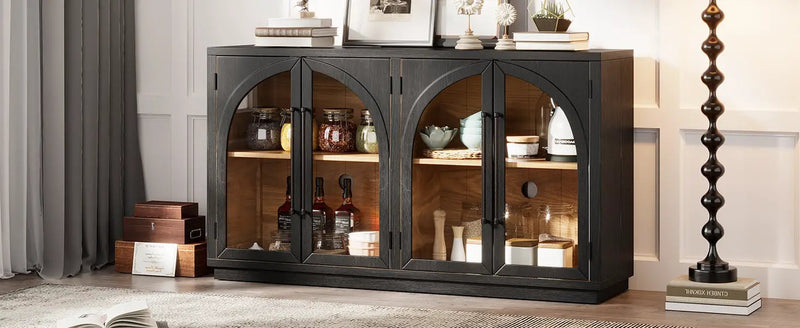 4-Door Large Storage Sideboard Buffet Cabinet with Glass Doors Arched Cabinet (Black) by HouseOfZazla