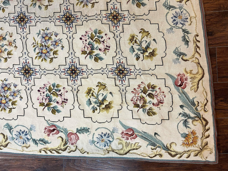 Needlepoint Rug 10x14, Wool Handmade Vintage Needlepoint Carpet, Floral Panel Design, Ivory/Cream by Jewel Rugs
