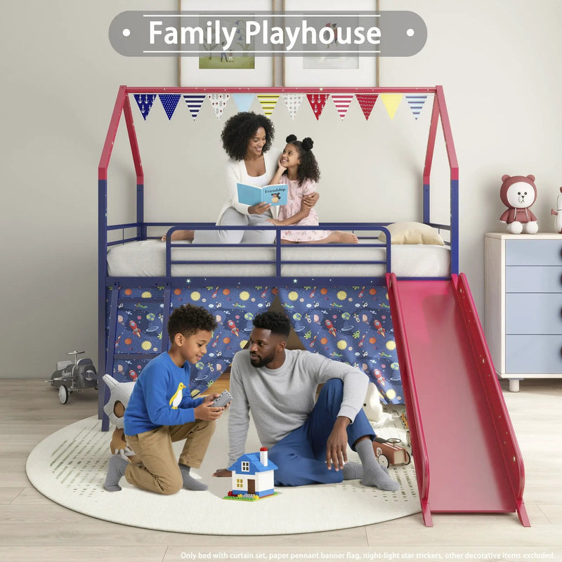 Jack - House Loft Bed With Slide And Curtain Set by HouseOfZazla