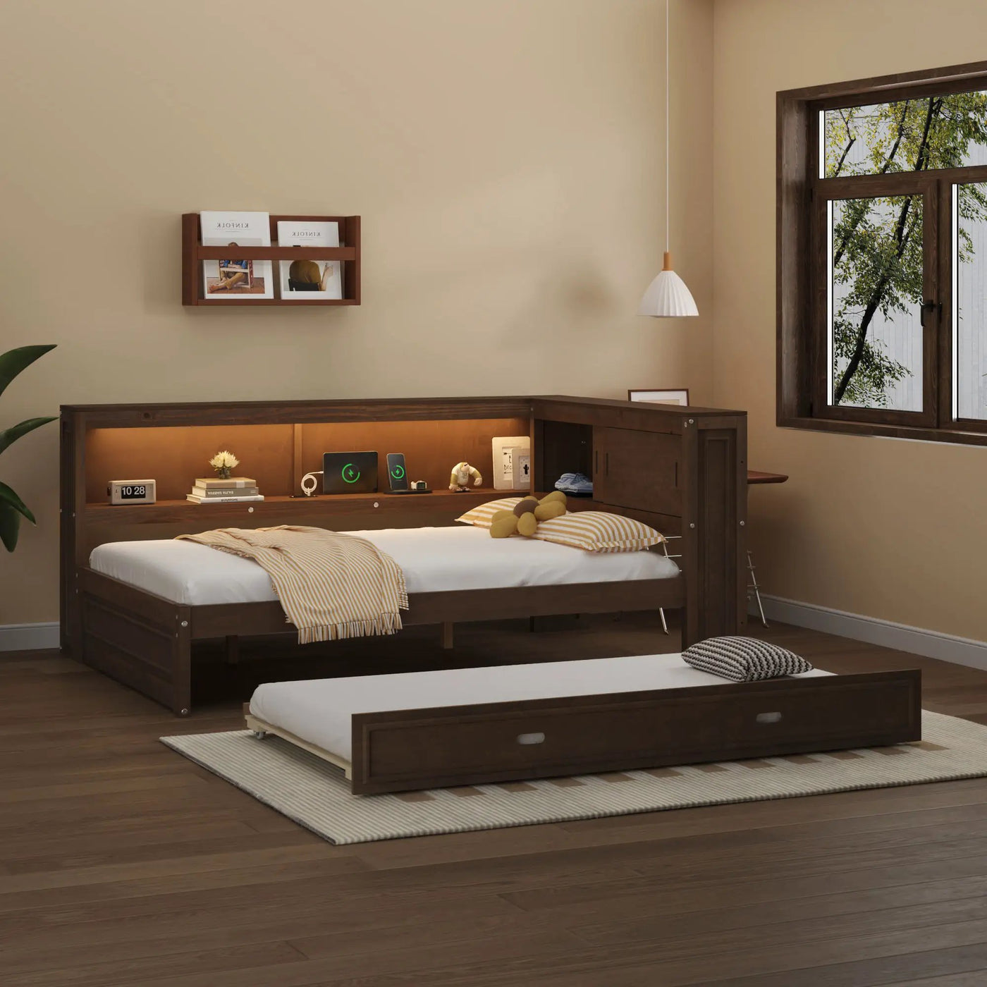 Daybed With Storage Shelves, LED, USB, And Trundle by HouseOfZazla