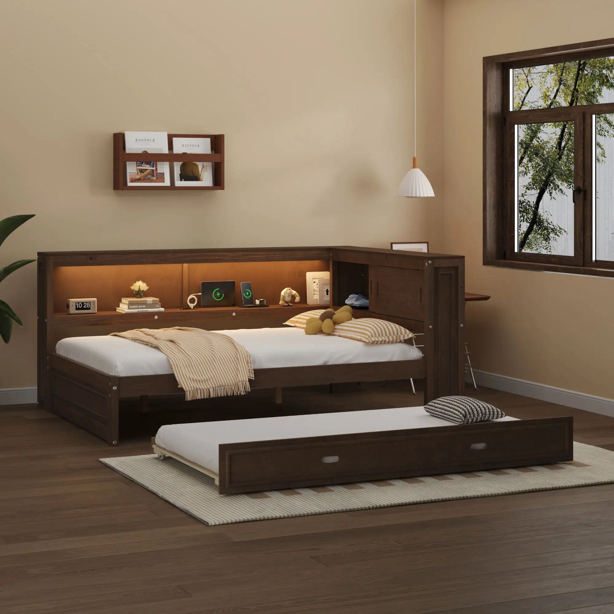 Daybed With Storage Shelves, LED, USB, And Trundle by Unique Piece Furniture