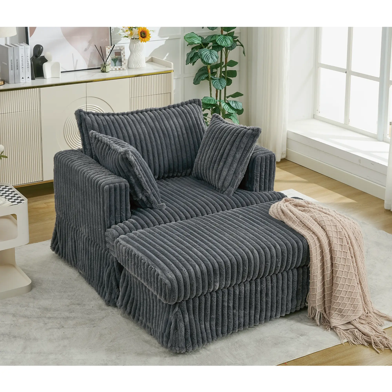 Oversized Corduroy Chaise Lounge with Ottoman in Dark Gray by HouseOfZazla