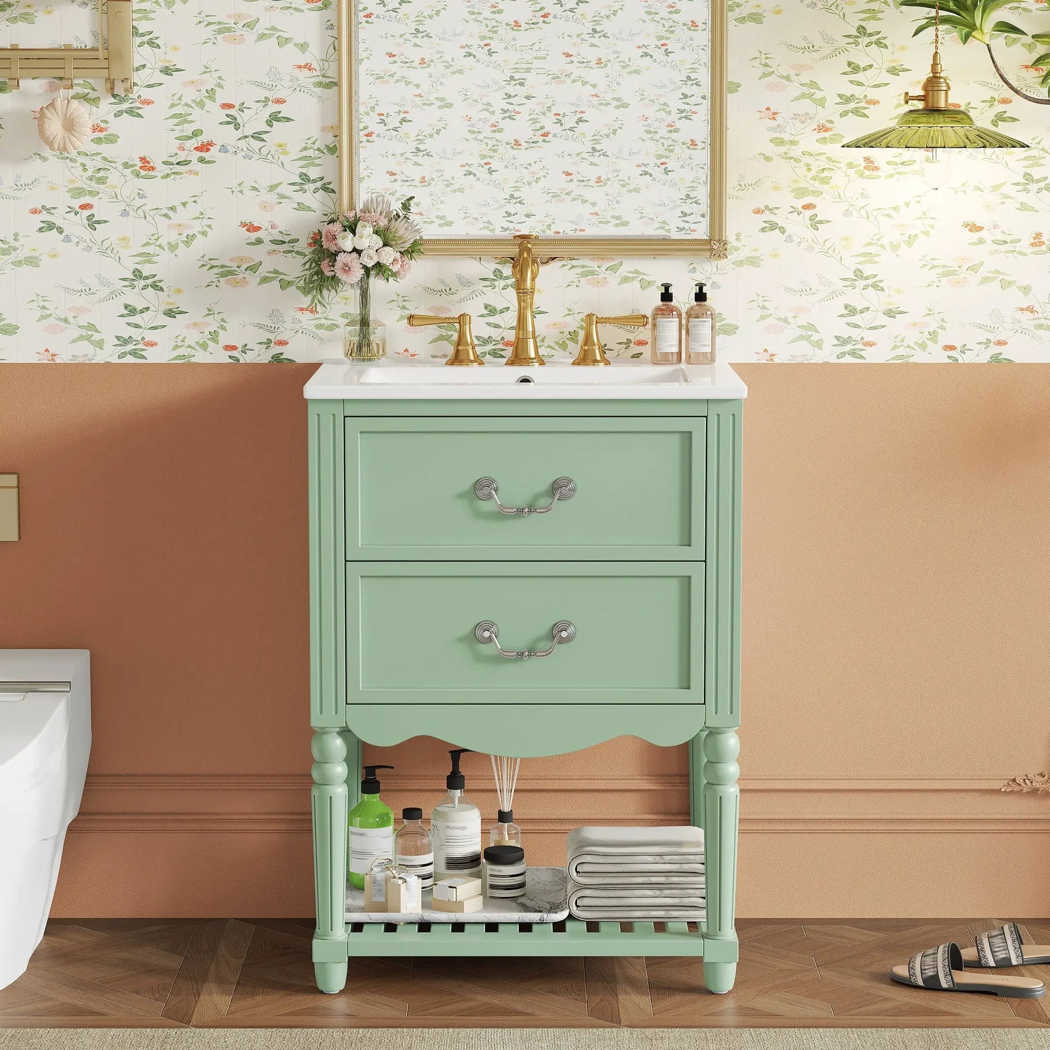 Wave Design Bathroom Vanity With Sink, 2 Drawers And Open Shelf by Unique Piece Furniture