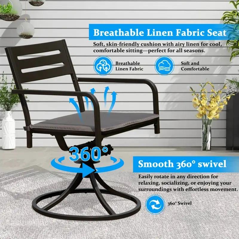 Set of 2 Powder-Coated Steel 360° Swivel Outdoor Dining Chairs with All-Weather Cushions by HouseOfZazla